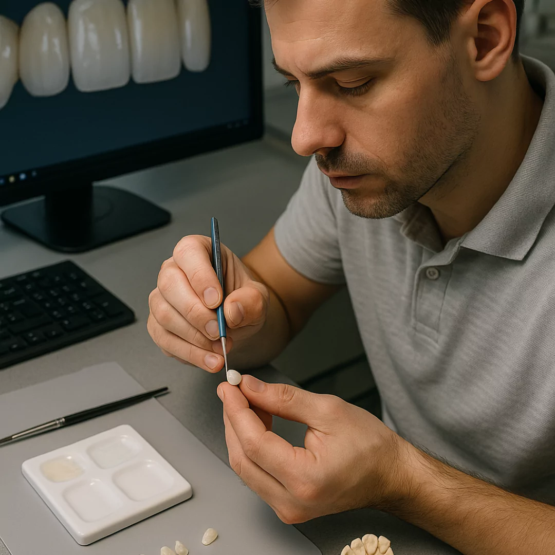 Dental technician crafting custom veneers in a dental lab, using precise tools and digital technology to ensure perfect fit and natural appearance