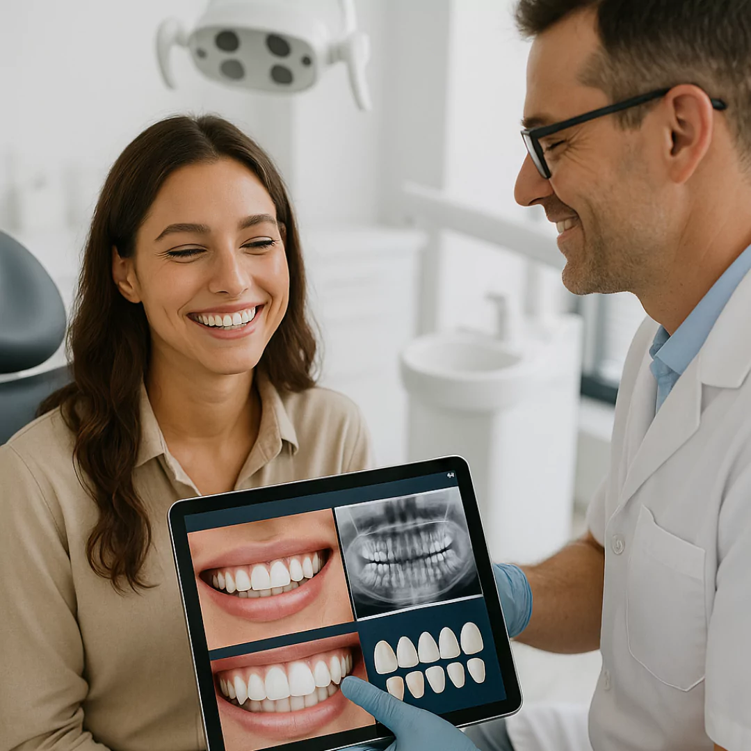 A smiling patient undergoing a consultation with a dentist, reviewing digital images of their teeth and veneer options on a tablet, demonstrating personalized treatment planning in a modern dental office.