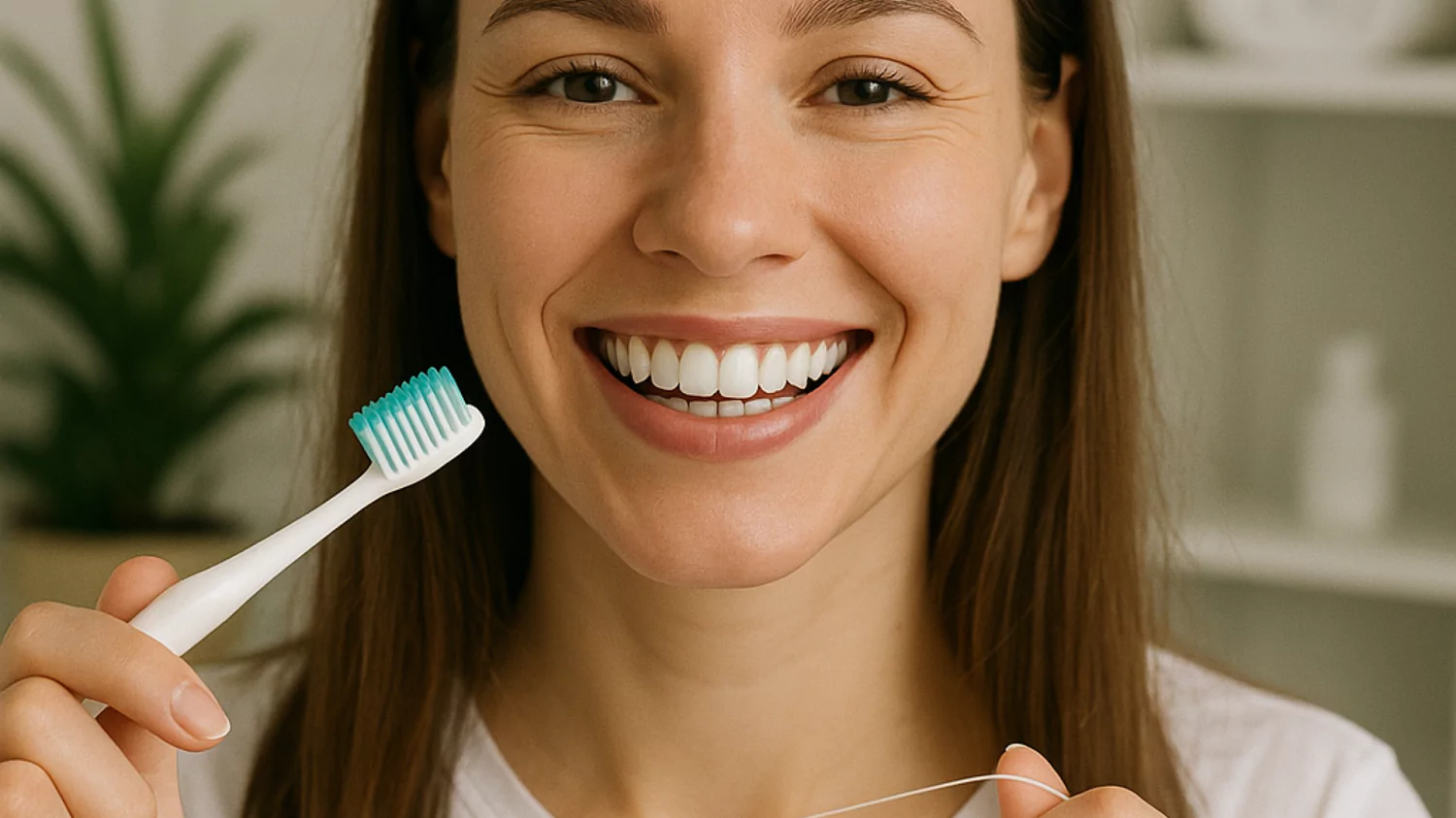 A smiling dental patient following proper oral hygiene routine at home, brushing and flossing carefully to maintain veneers and natural teeth.