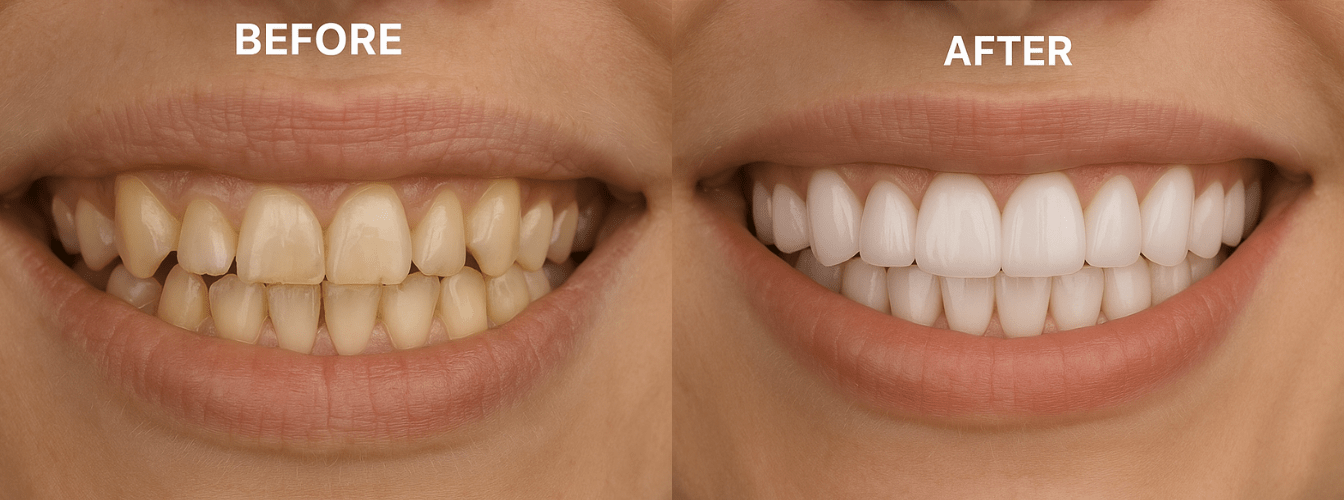 A happy patient is admiring their flawless smile in a dental office mirror, showcasing the natural looking appearance of their new porcelain veneers.