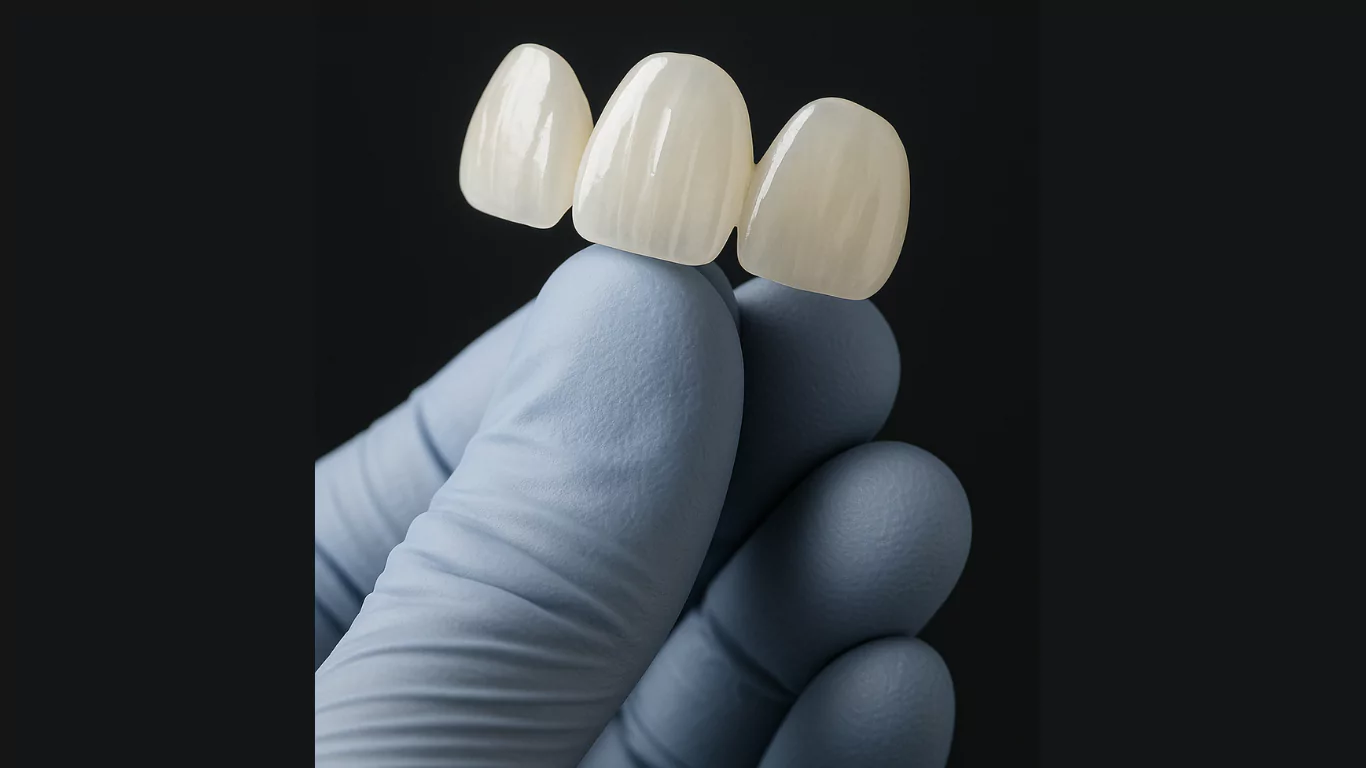 A close-up of zirconia veneers being held by a dentist's gloved hand, showing their translucency and strength compared to traditional porcelain veneers.