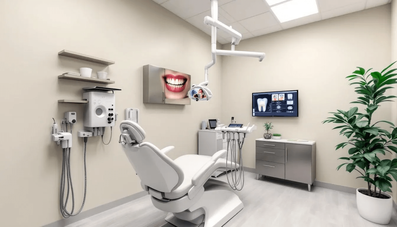 In a modern dental consultation room, equipped with advanced dental tools and comfortable seating for patients, the space is designed to address cosmetic concerns such as misaligned teeth and damaged teeth.