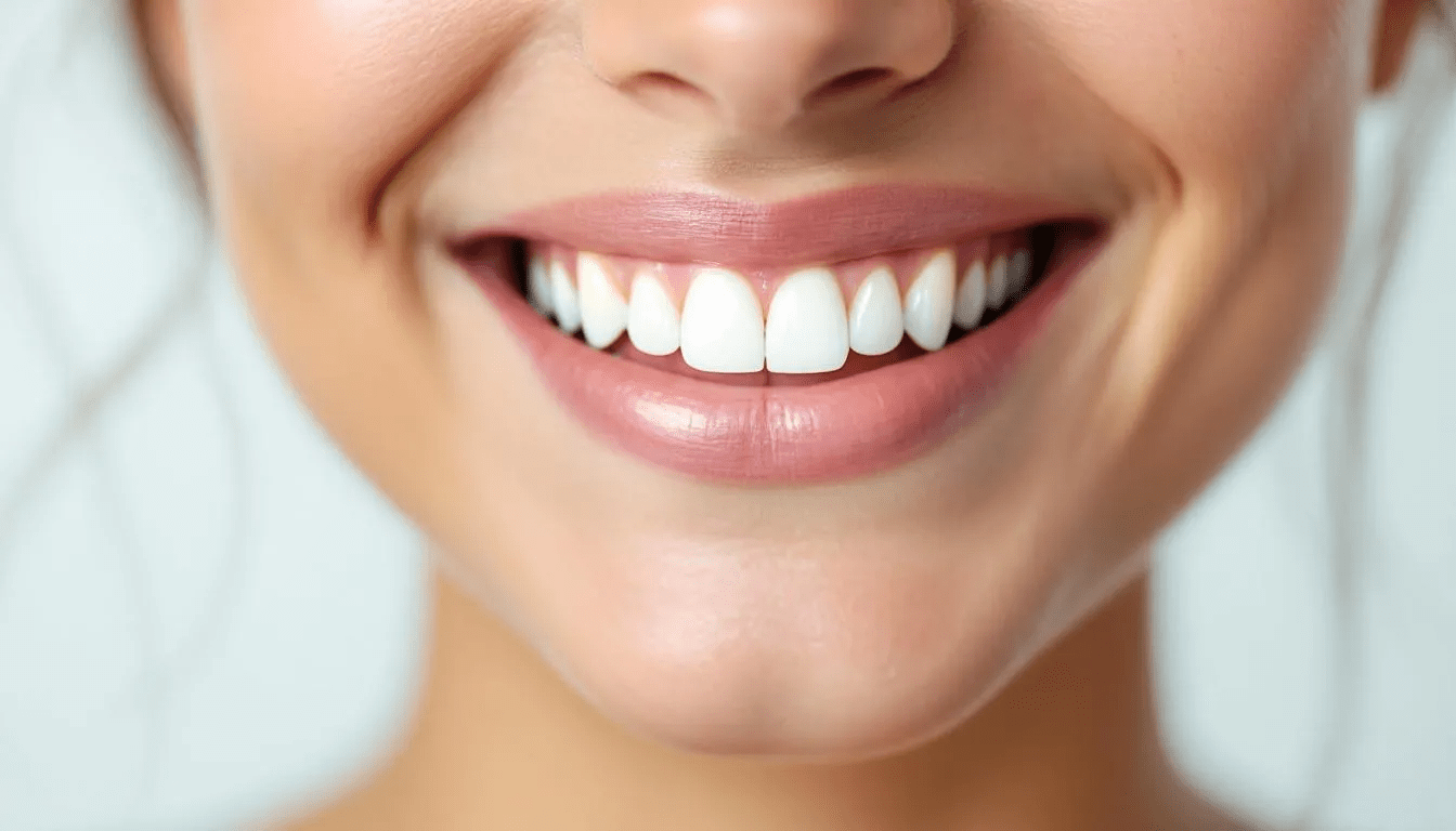A close-up view of a person's bright, natural-looking smile reveals perfectly aligned white teeth, showcasing the flawless appearance often achieved through dental veneers