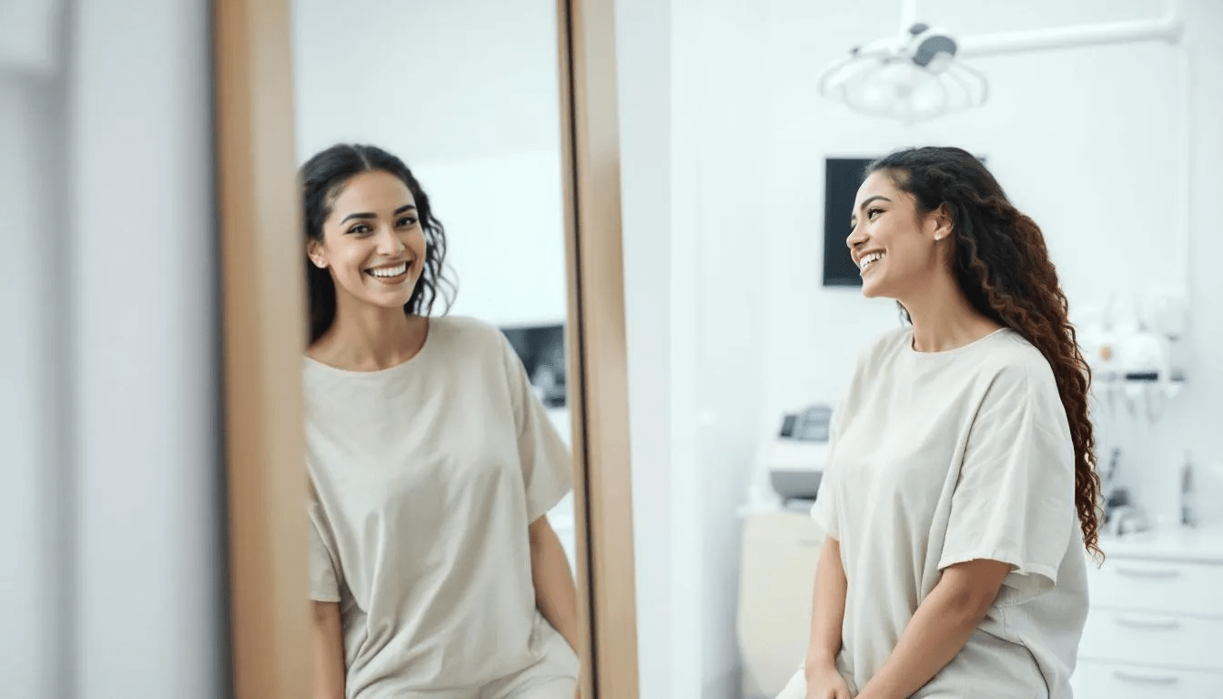 A happy patient is admiring their flawless smile in a dental office mirror, showcasing the natural looking appearance of their new porcelain veneers.