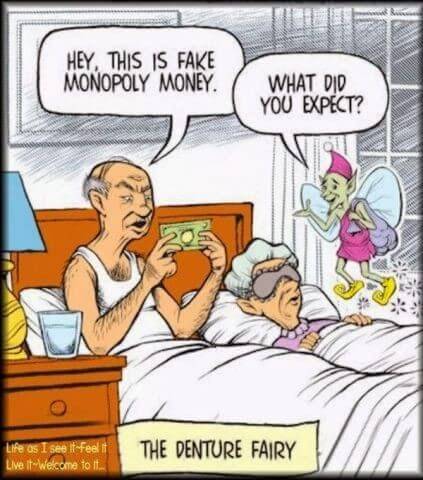 Dental Implants vs Dentures, Dentist Prescott AZ Humorous cartoon depicting the Denture Fairy, used to illustrate the cost and value of dental implants over dentures at Prescott Dental Arts in Prescott, AZ