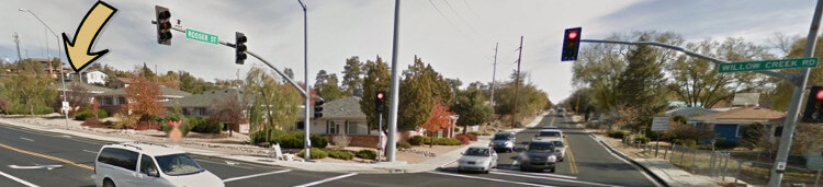 Prescott Dental Arts Location, Corner of Rosser and Willow Creek Rd Prescott AZ Street view of the intersection of Rosser Street and Willow Creek Road in Prescott, AZ, with an arrow pointing to the Prescott Dental Arts office location